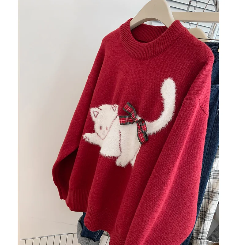 

Women Clothing Red Knitted Cartoon Jacquard Sweaters 2024 Spring New Year Thick Fashion Casual Loose Knitwear Tops