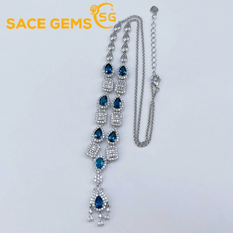 

SACE GEMS New 925 Sterling Silver London Blue Topaz Pendant Necklace for Women Engagement Cocktail Party Fine Jewelry Gift