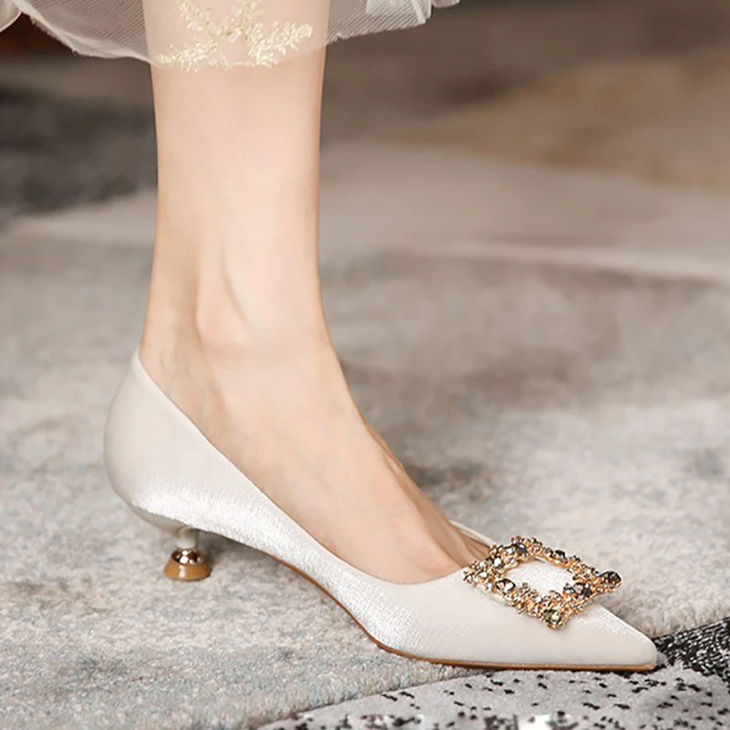 New Women's Wedding Shoes Silk Pumps Pointed Toe Boat Shoes Square