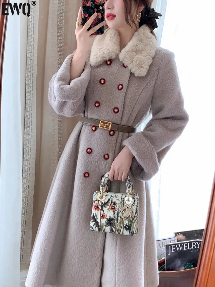 

[EWQ] Elegant Fur Lapel Collar Coat Double Breasted Belt Waist Slim Middle Length Outerwear For Women 2023 Autumn Winter 16U6905