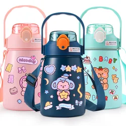 Tasse à eau isolée en acier inoxydable pour enfants, grande capacité, bouilloire d'extérieur pour enfants, tasse en paille pour étudiants, tasse à eau de dessin animé 
