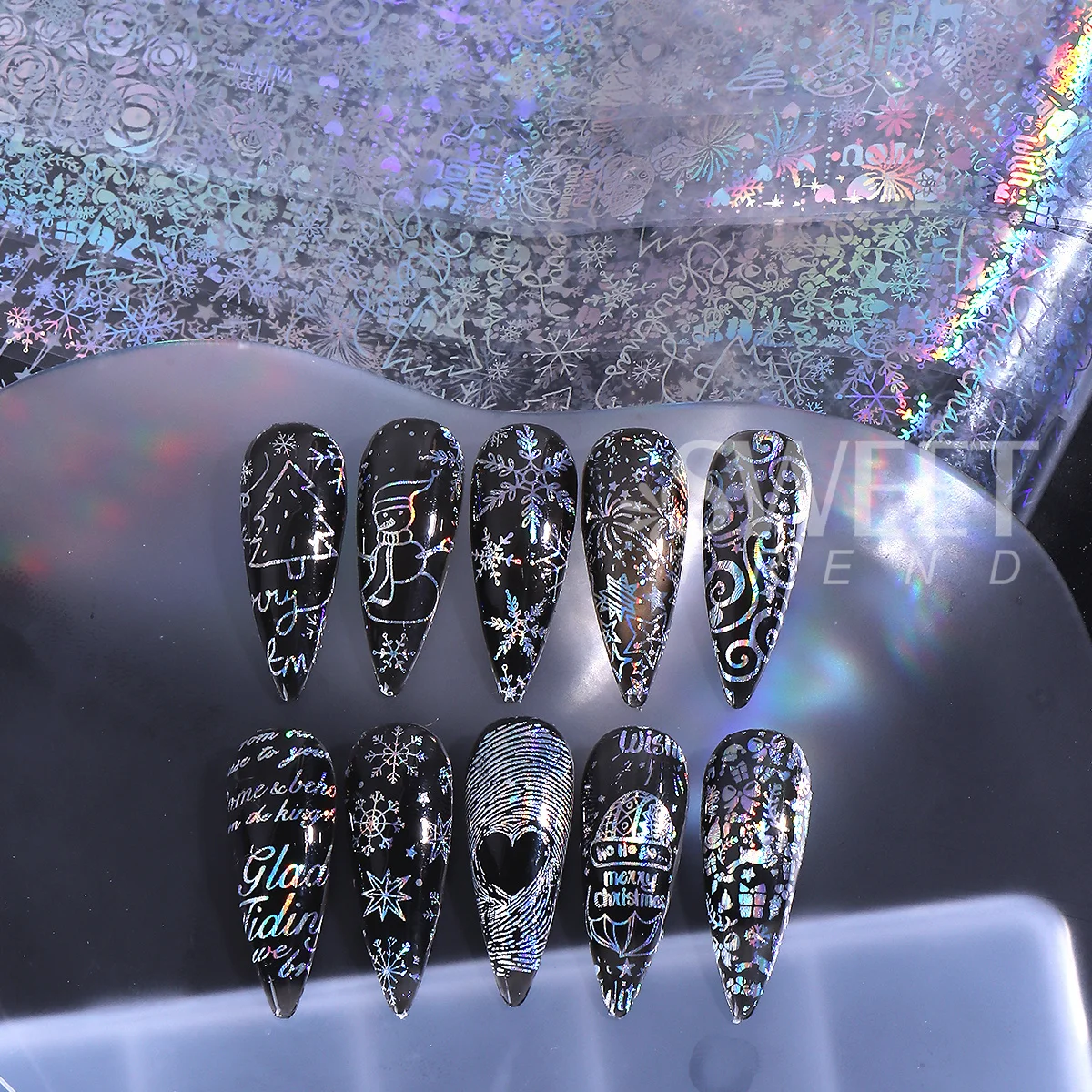 10pcs Holographic Silver Snowflake Nail Transfer Foils Laser Winter Xmas Tree Fireworks Christmas Decal New Year Manicure Slider