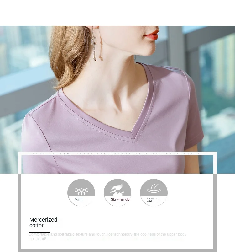 Ice Sensitive Silk Cotton V-neck Short Sleeved T-shirt for Women's Solid Round Neck Basic Commuting Elastic Oversized Top