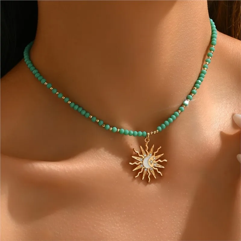 Bohemian Beads Chain Golden-Toned Sun Pendant Necklace for Women Elegant Turquoise Choker Neck Statement Party Jewelry Gifts