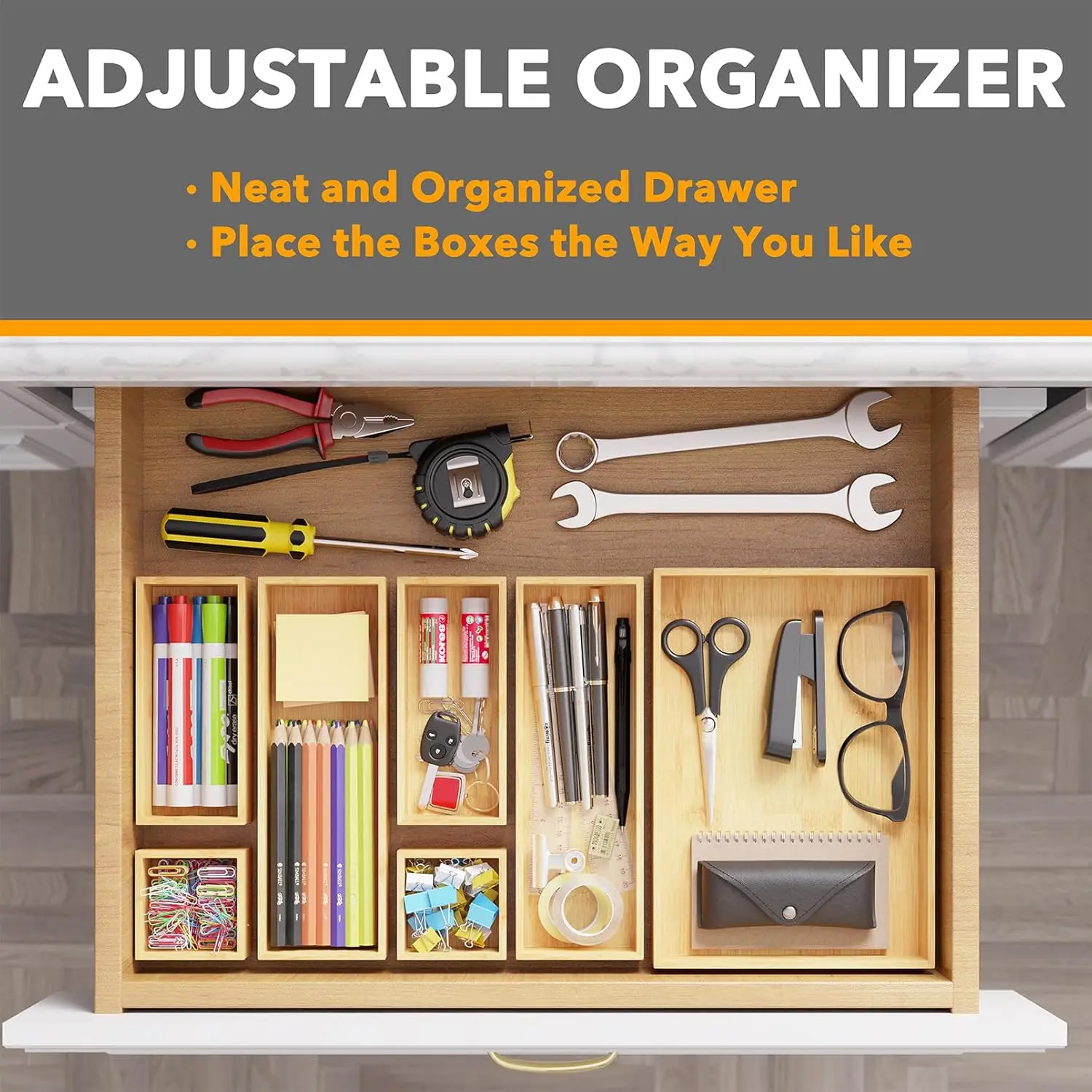 7-Piece Bamboo Drawer Organizer Storage Boxes Set, Wood Tray Junk Drawer Organizers Multi-Use Divider Bins for Kitchen, 5