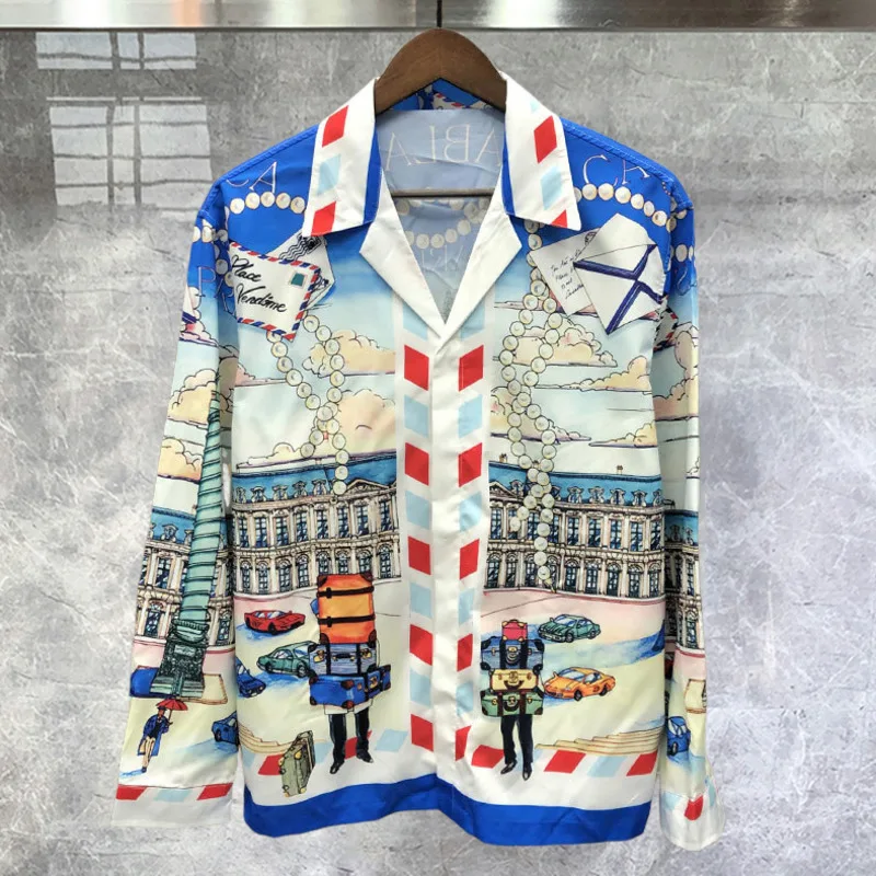 

Character Print Shirt Streetwear Long Sleeves Men Tops Fall Hawaiian Beach Shirts Streetwear Hip Hop Camisa Floral Masculina