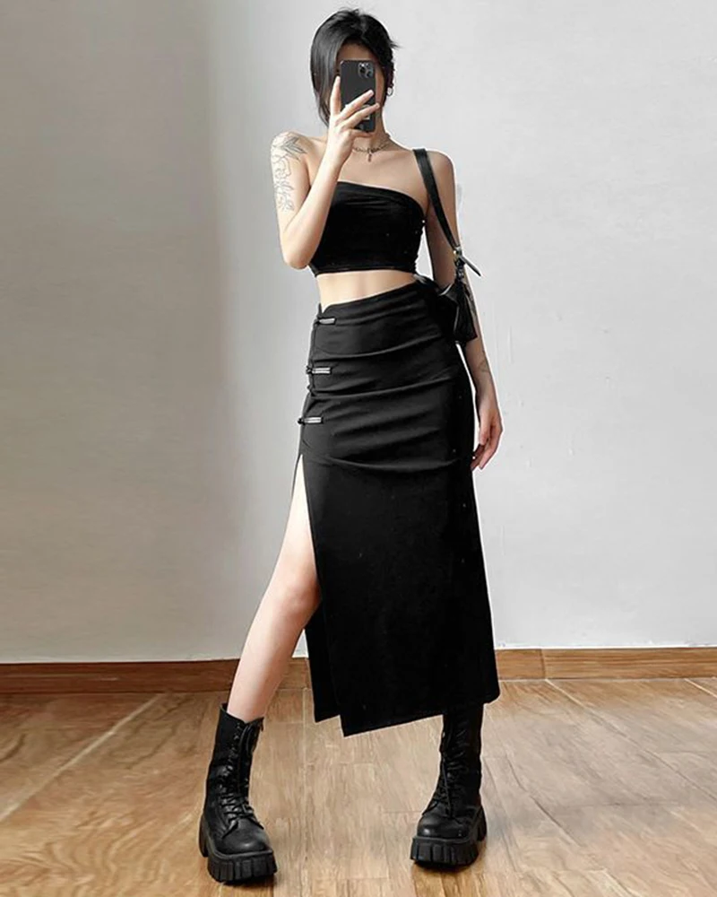 Y2K Black Sexy Split midi Skirts summer Casual Korean Slim a line skirts Gothic high waist streetwear All Match skirts