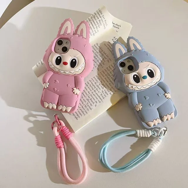 3D Cartoon Kawaii Monster Rabbit Soft Silicone Phone Case For iPhone 16 15 14 Plus 13 12 11 Pro Max 16promax With Lanyard Cover 2