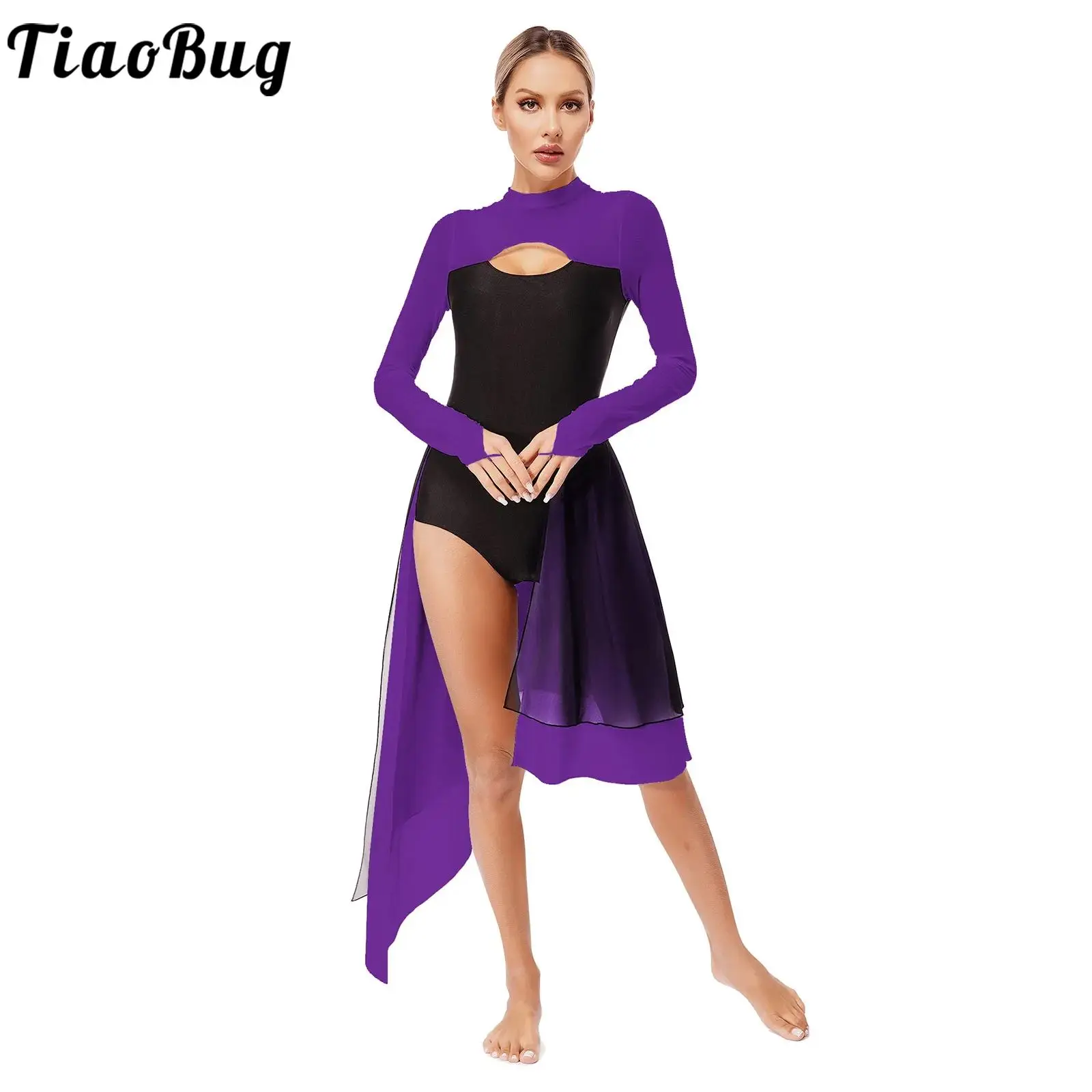 

Womens Irregular Lyrical Dance Dresses Open Front Cutout Backless Mesh Long Sleeve Leotard Dress for Competition Performance