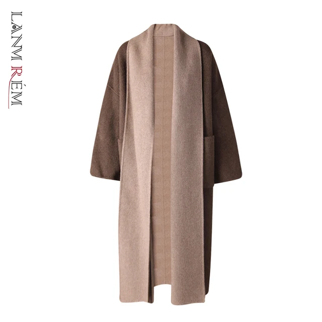 LANMREM Colorblock Patchwork Cardigan Double-faced Woolen Coat for Women Autumn Winter Clothing Chic Loose Overcoat New CPG4189