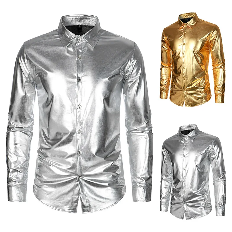 Mens Dress Shirt Long Sleeved NightClub Party Shirt for Men Button Up Gold Shinny Stage Dress Shirts Costume Homme Hip Hop Shirt Outfits
