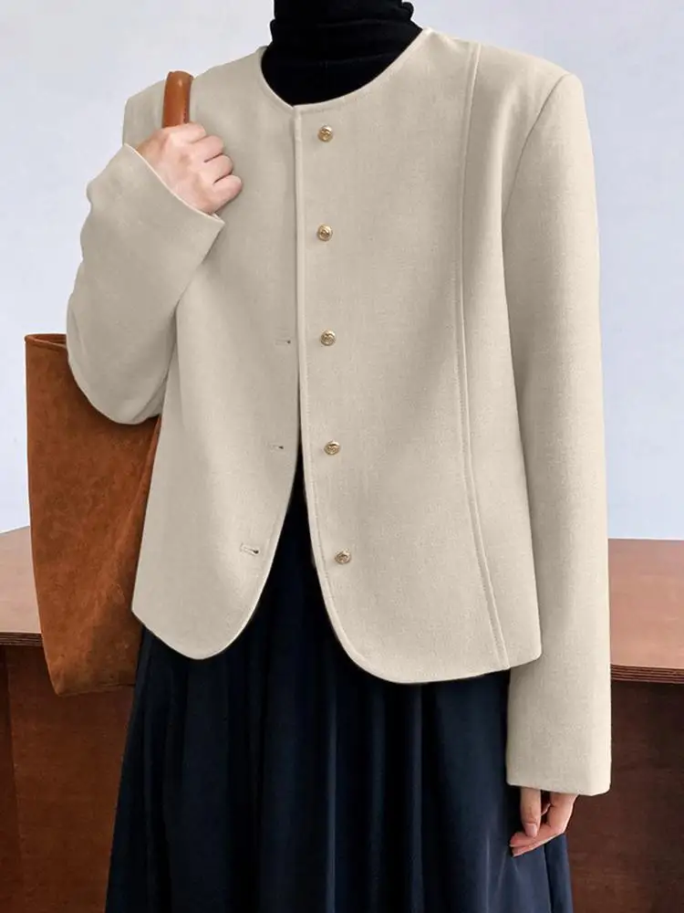 

ZANZEA Women Jackets Elegant Solid Blazer O Neck Long Sleeve Coats Outwear Single-Breasted Office Suits Causal OL Work Shirt Top