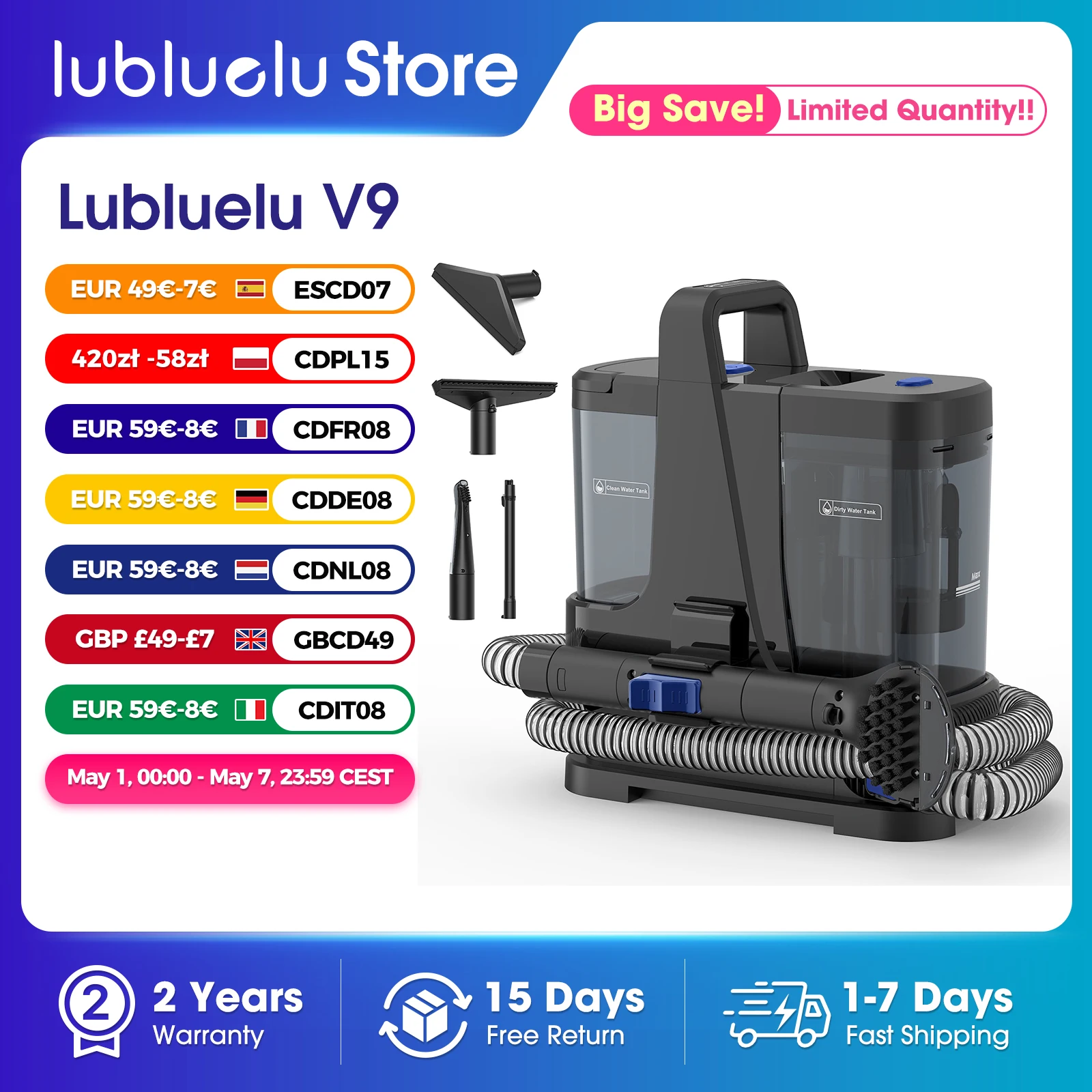Odkurzacz piorący Lubluelu V9 z EU za $97.32 / ~363zł