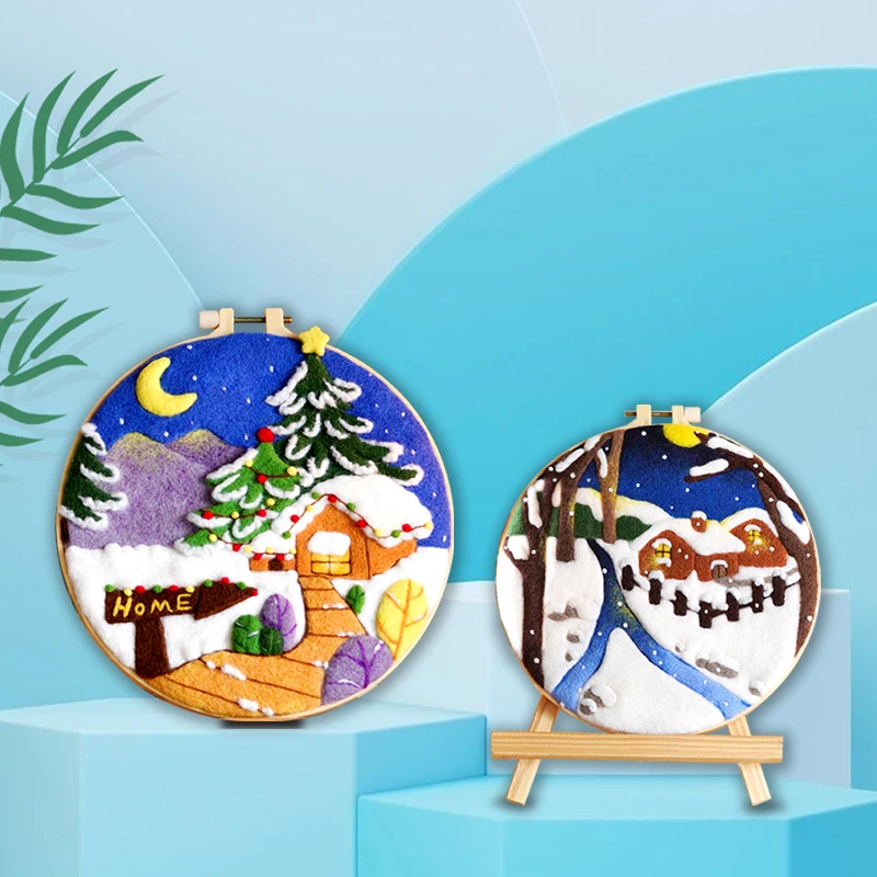 20x20cm Diy Wool Felt Painting Kits With Embroidery Frame Snow House