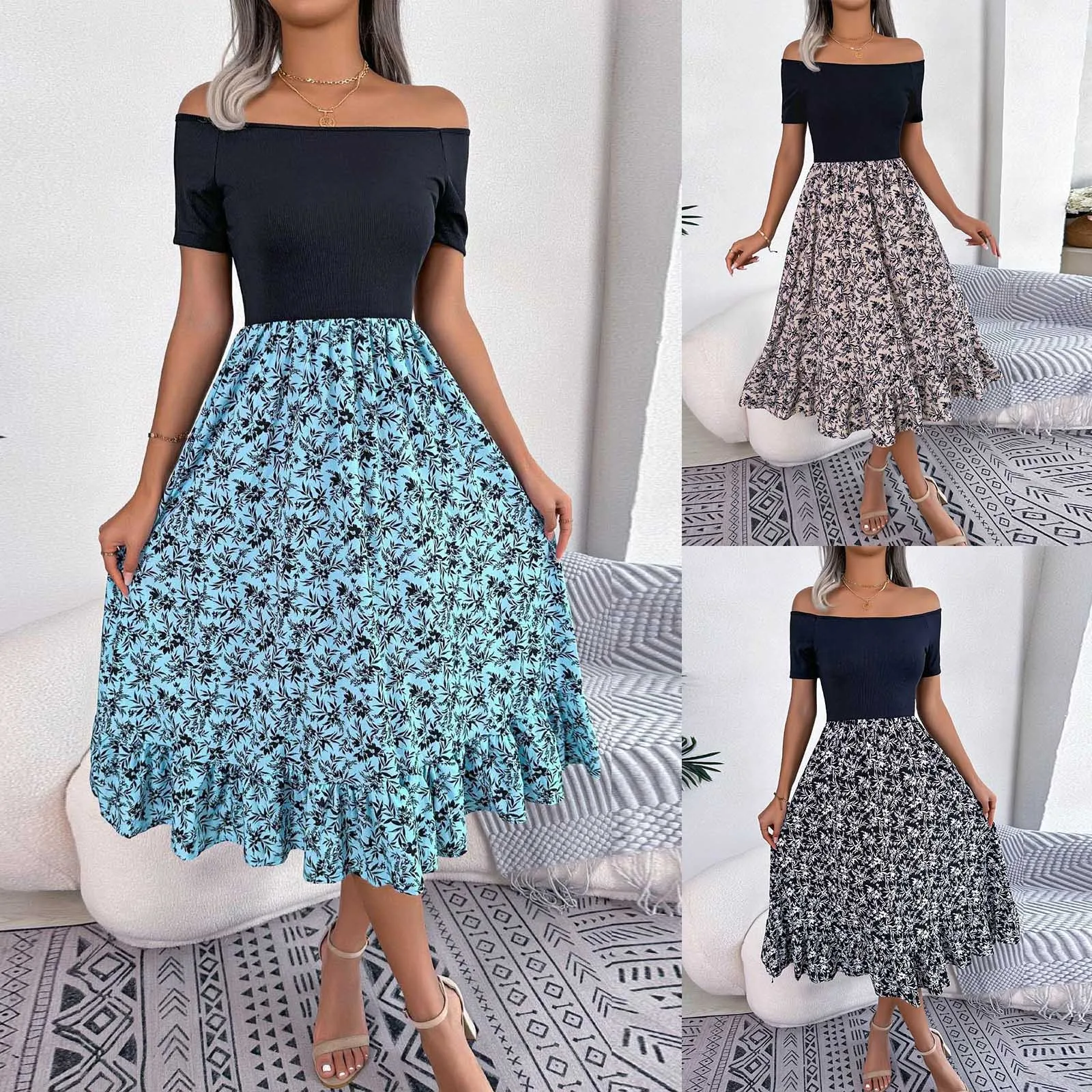 

Women's Casual Off Shoulder Floral Ruffled Mid Length Dress Women Maxi Dresses Summer
