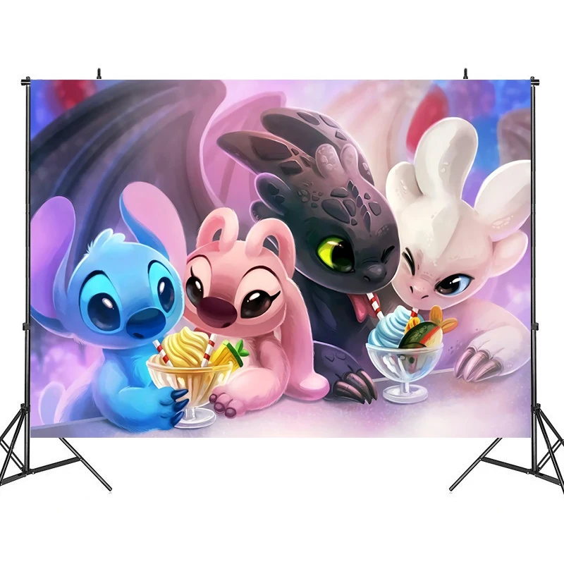 thumbnail image 1 of Fondo de ángel de Lilo y Stitch de Disney personalizable gratis, decoraciones para fiesta de feliz cumpleaños, suministros para fiesta de baby shower, 1 of 5