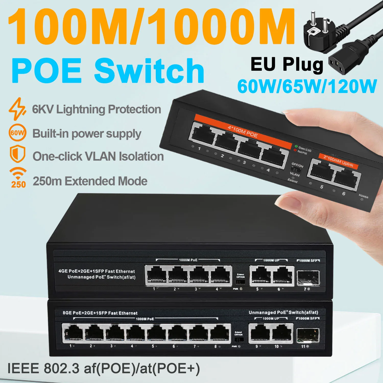 

Сетевой коммутатор с вилкой для ЕС, 100 м, 1000 м, POE, Ethernet, неуправляемый, 4 порта, 8 портов, полный гигабитный, 52 в, полнодуплексный, полудуплексный для камеры