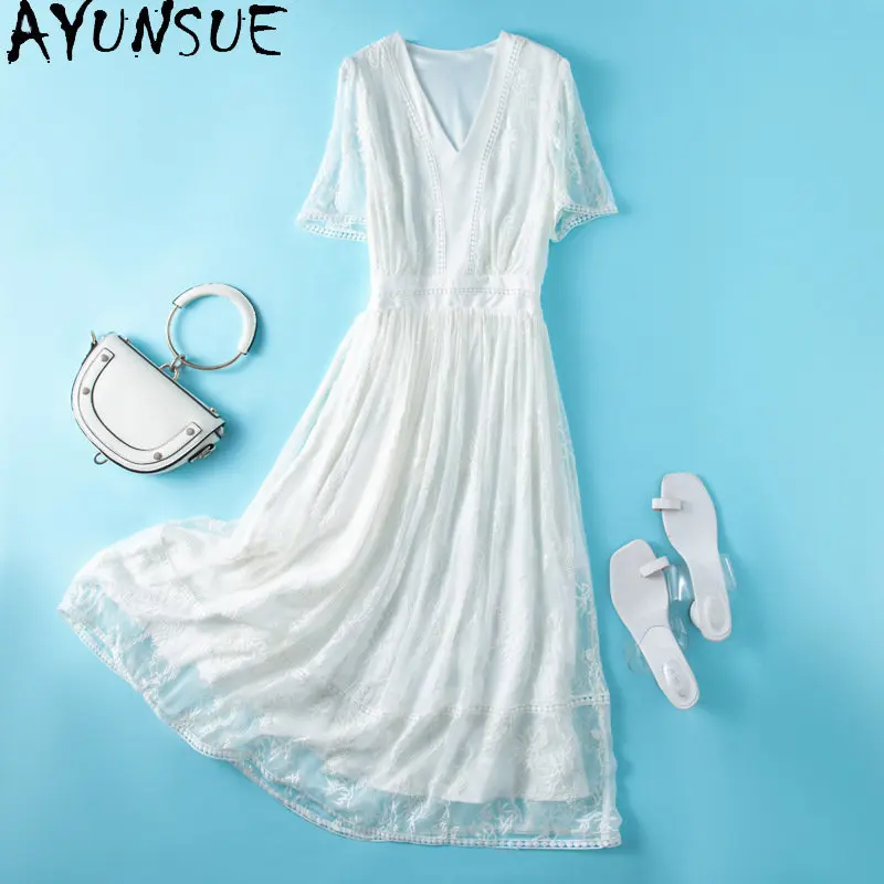

100% Mulberry Real Silk Dress Women's Clothing White Fairy Long Dresses for Women Summer Embroidery A-line Slim Dress Vestidos