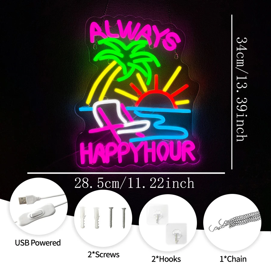 해피 아워 네온사인 LED 네온 바 사인, 가정용 바, USB 전원, 밝은 칵테일, 벽 장식, 펍, 맨케이브, 바 액세서리