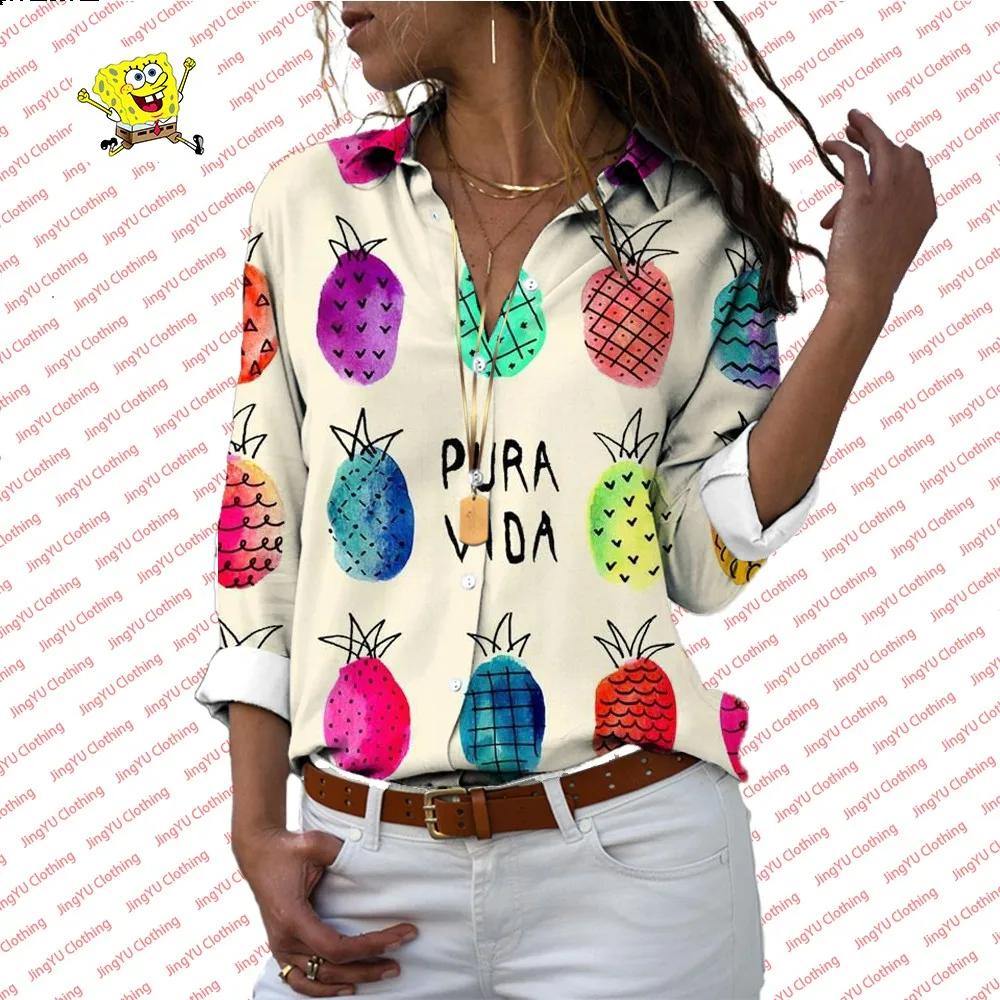 

3D Fashion Harajuku Lapel Long Sleeve Single Breasted Shirt SpongeBob SquarePants 2024 New Women's Casual All-match Shirt Y2K