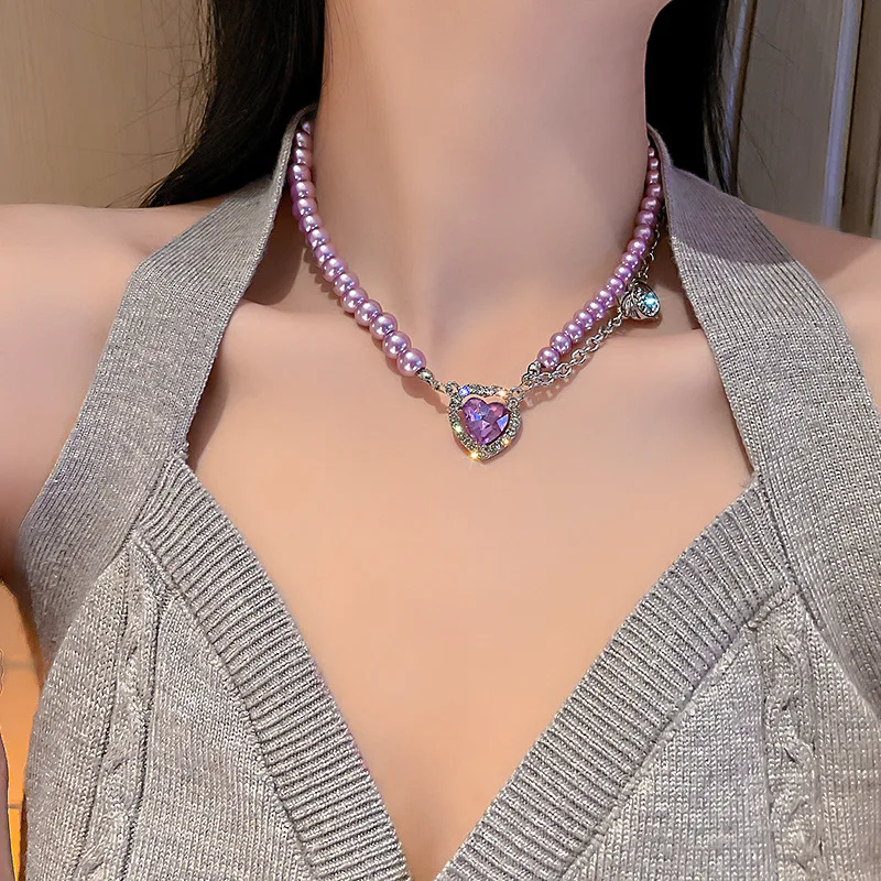 

U-Magical Fashion Asymmetry Purple Rhinestone Love Heart Pendant Necklace for Women Shining Crystal Faux Pearl Necklace Jewelry