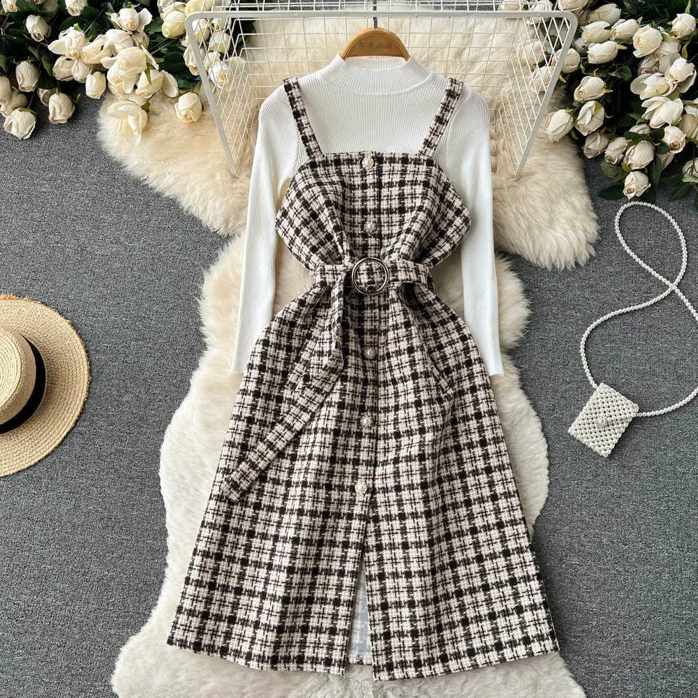 

Foamlina 2023 Autumn Winter Women Clothes Elegant Solid Pullover Sweater Top and Spaghetti Strap Plaid Belted Tweed Dress Suits