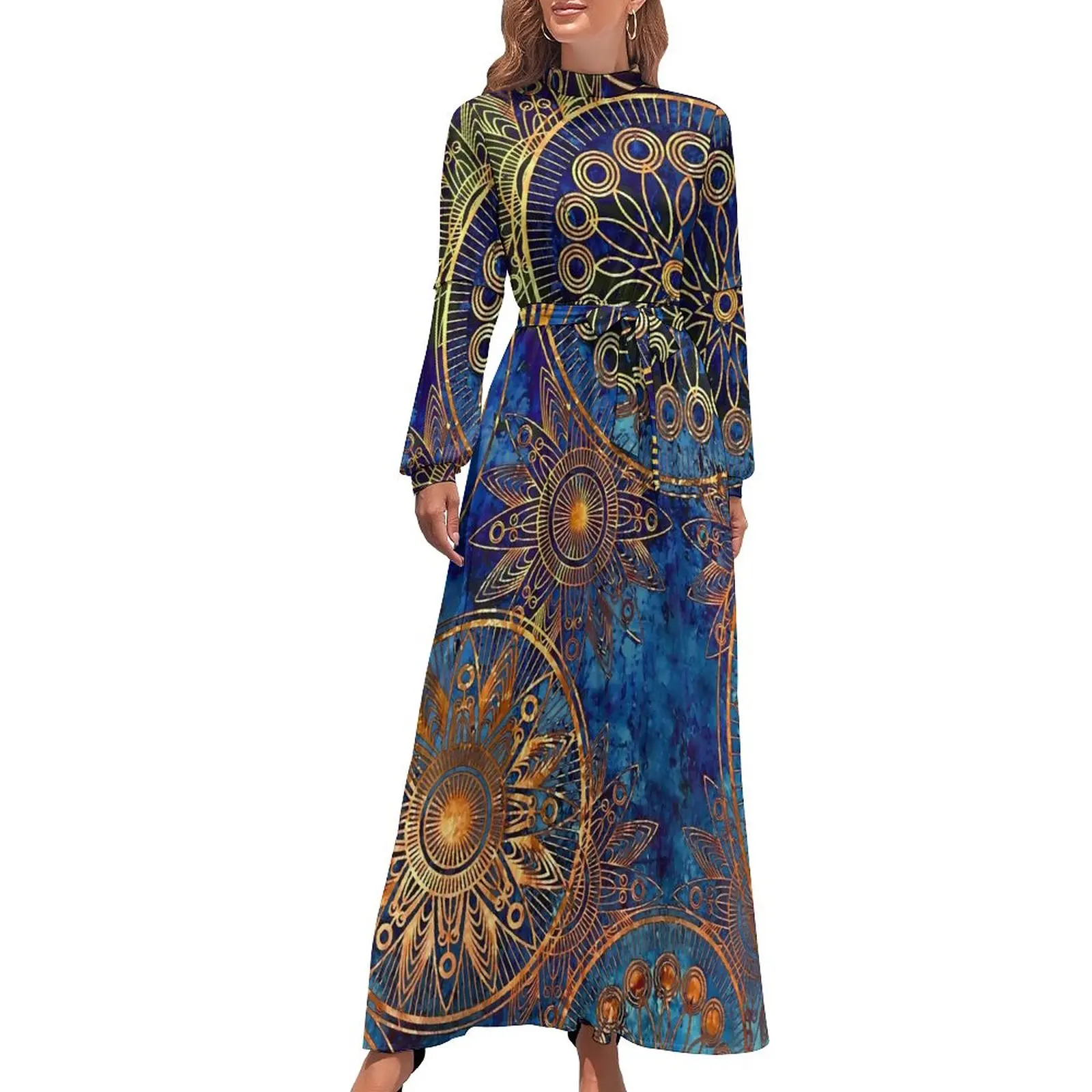 

Blue Gold Mandala Dress Celestial Steampunk Party Maxi Dress Aesthetic Bohemia Long Dresses High Waist Design Clothing