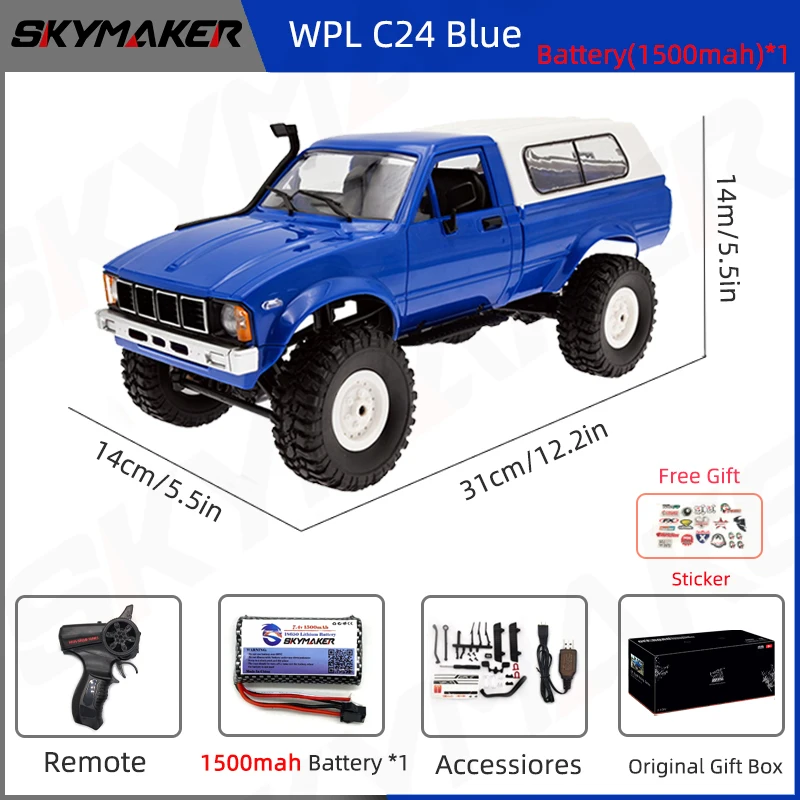 thumbnail image 1 of WPL C24-1 Coche RC a escala completa 1:16 2,4 G 4WD Rock Crawler Buggy eléctrico Camión de escalada Luz LED para carretera 1/16 para niños Regalos Juguetes, 1 of 5