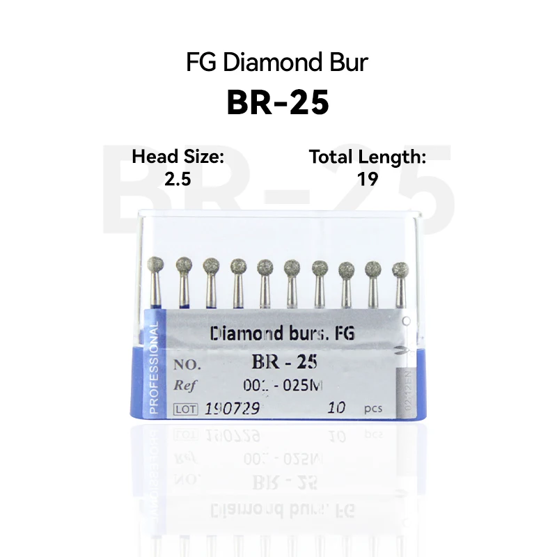 

10pcs Dental Clinic Products BR-25 001-025M Diamond Bur FG High Speed 2.5 19.0 Blue Medium Intra-oral Tools Material Equipment