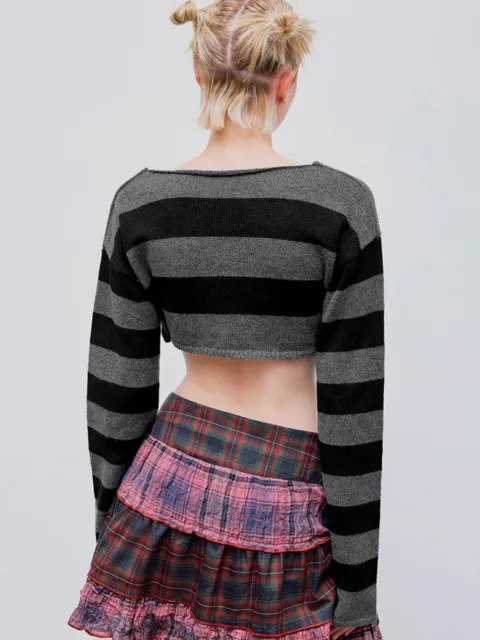 Women's Black Grey Striped Knit Crop Cardigan V-Neck Button-Up Long Sleeve Cropped Sweater Casual Warm Outerwear for Autumn 2