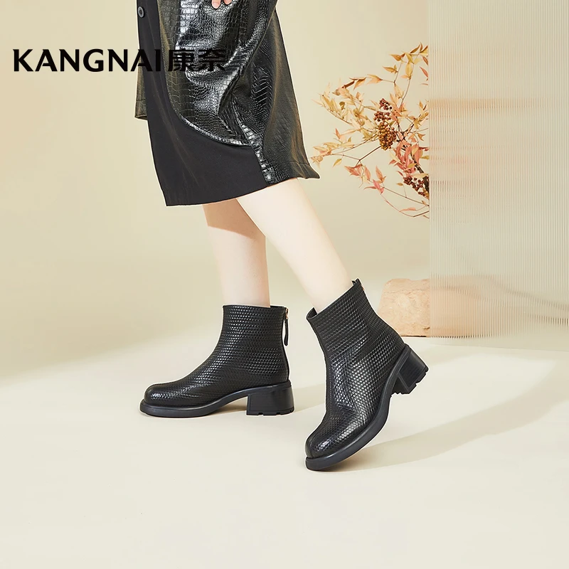 

Kangnai High Heel Boots Women Genuine Leather Round Toe Thin Fur Ankle Boots Back Zipper Fashion Ladies Winter Shoes