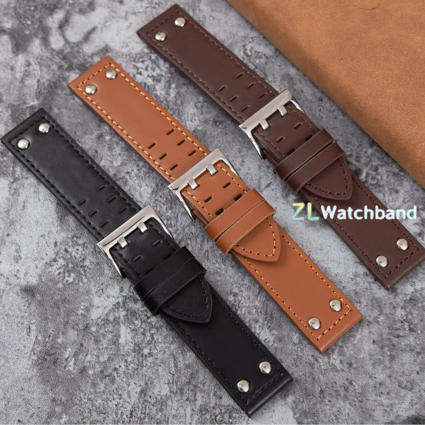 Vintage Genuine Leather Watchband with Rivet Detailing, 20mm/22mm