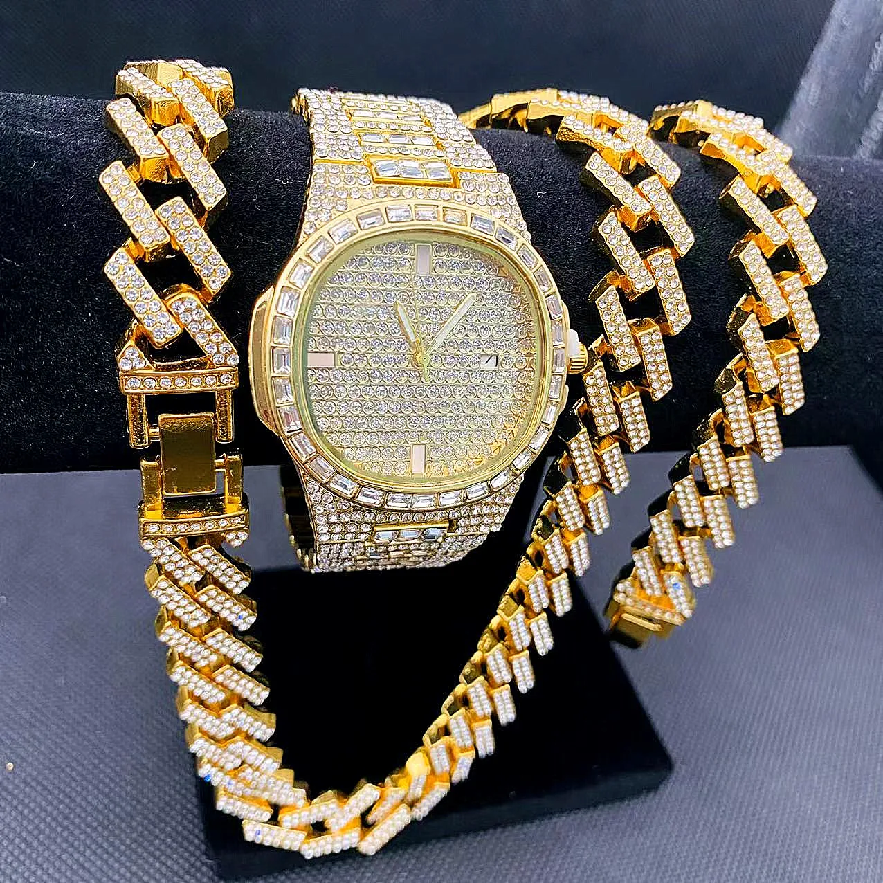 Hip Hop Jewelry for Men Iced Out Watch Men Necklaces Bracelet Bling CZ Diamond Cubana Chains Choker Gold Watch Set Mens Jewelry