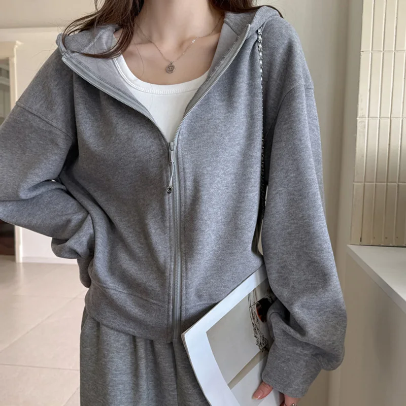 Casual Zipper Up Hooded Sweatshirt Women Solid Color Loose Long Sleeve Hoodies Coats for Woman Spring Autumn Wild Sport Jackets