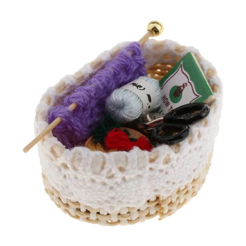 

1/12 миниатюрный кукольный домик, набор с вязаной корзиной, модель игрушки, аксессуары для кукольного домика