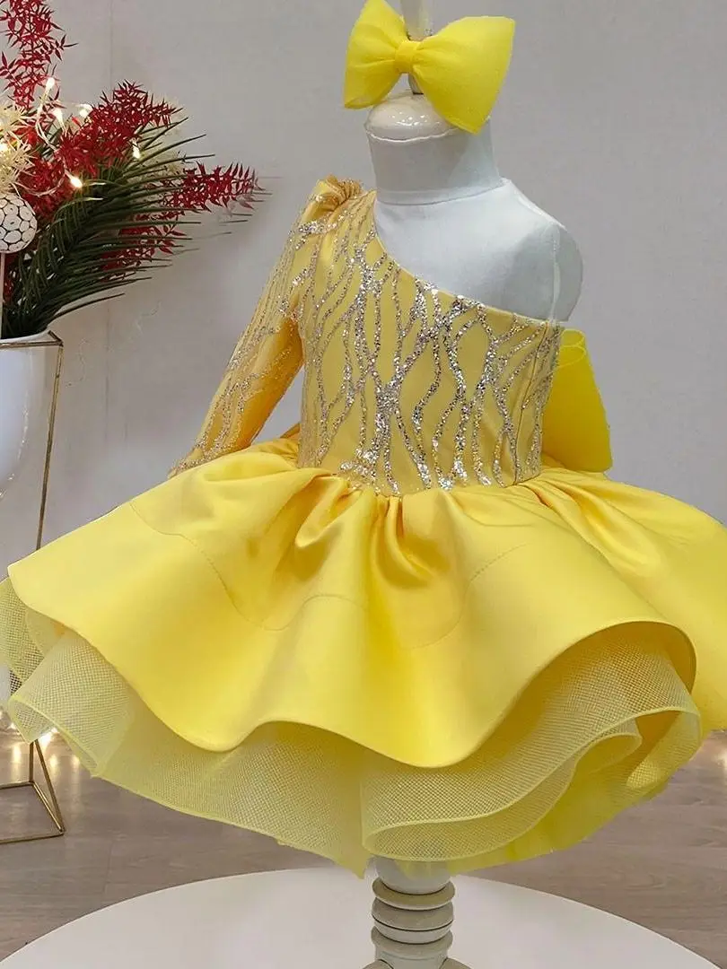 Yellow tulle ball gown princess Flower Girls Dresses one shoulder girls