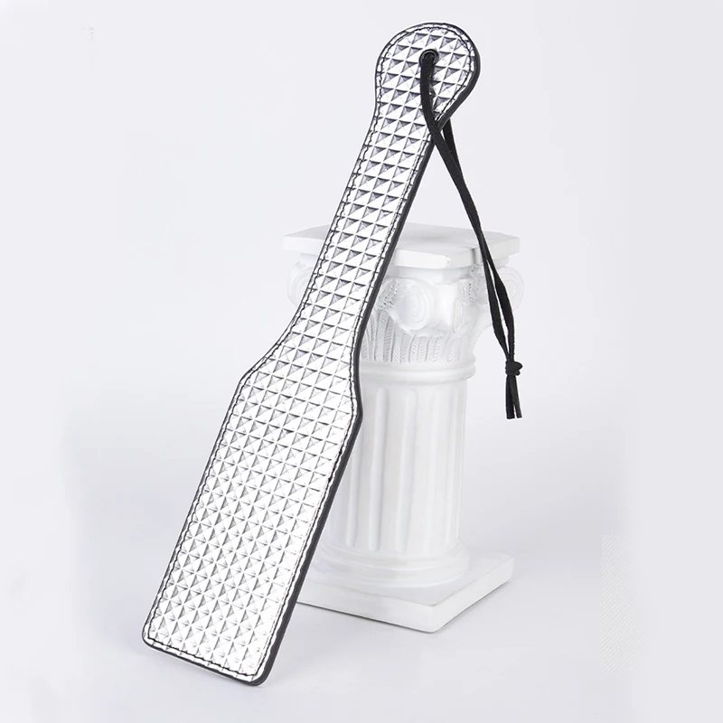31.5cm Silvery PU Leather Paddle Riding Crops Flogger Horsewhips Grid Pattern Spikes Leather Spanking Paddle 2