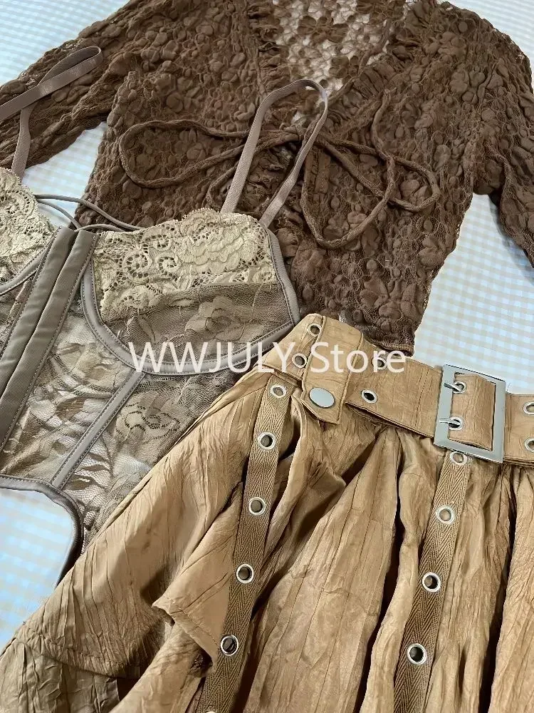 Harajuku Vintage Fashion 3 Piece Set Woman Short Cardigan + Slim Vest + Y2k E-Girl High Waist Skirt Hot Girls Korean Style Suit 4