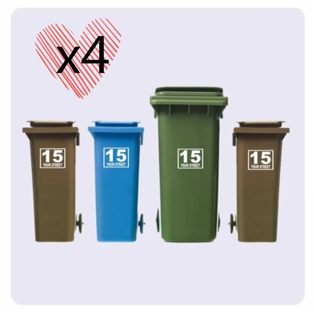 WHEELIE BIN NUMBERS VINYL STICKERS STREET/ROAD/HOUSE NAME 4 x Trash Can Sticker