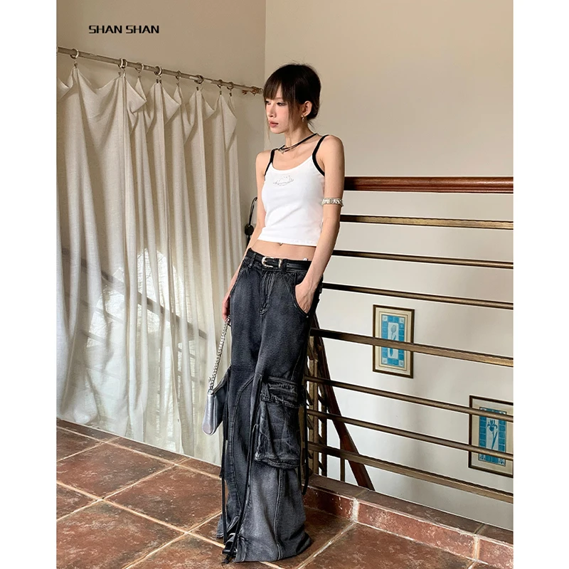 Women Black Gothic Baggy Cargo Jeans Vintage 90s Aesthetic