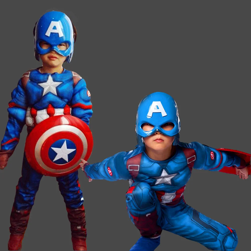 Kids Avengers Captain America Muscle Uniform Suit Superhero Cosplay Costume Halloween Carnival Party Gift Mask Shield Body