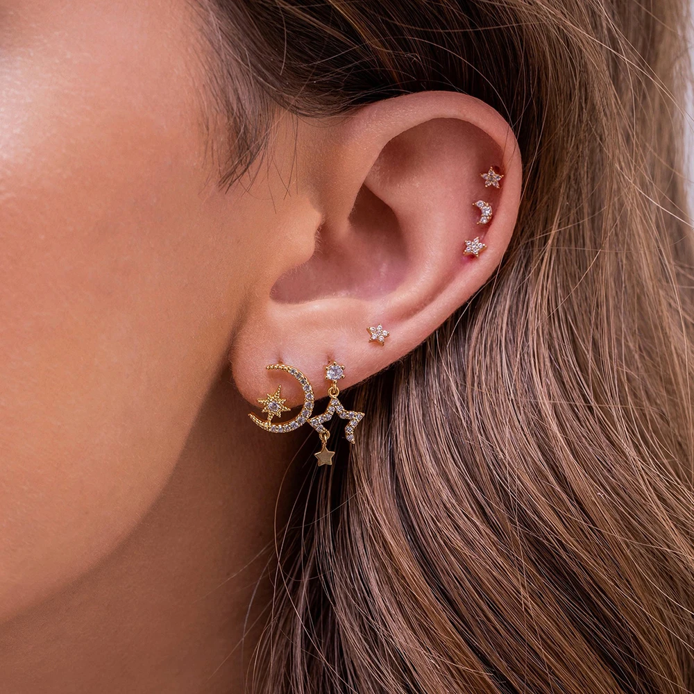 Stainless Steel Cubic Zirconia Chain Stud Earrings Women Star Moon Cartilage Earring Piercing Jewelry
