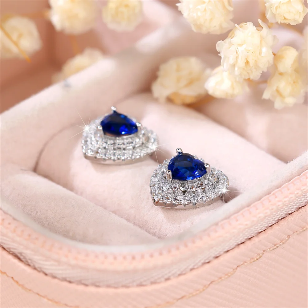 Blue Green Love Heart Stone White Zircon Stud Earrings For Women Vintage Silver Color Wedding Earring Valentine Jewelry Gifts