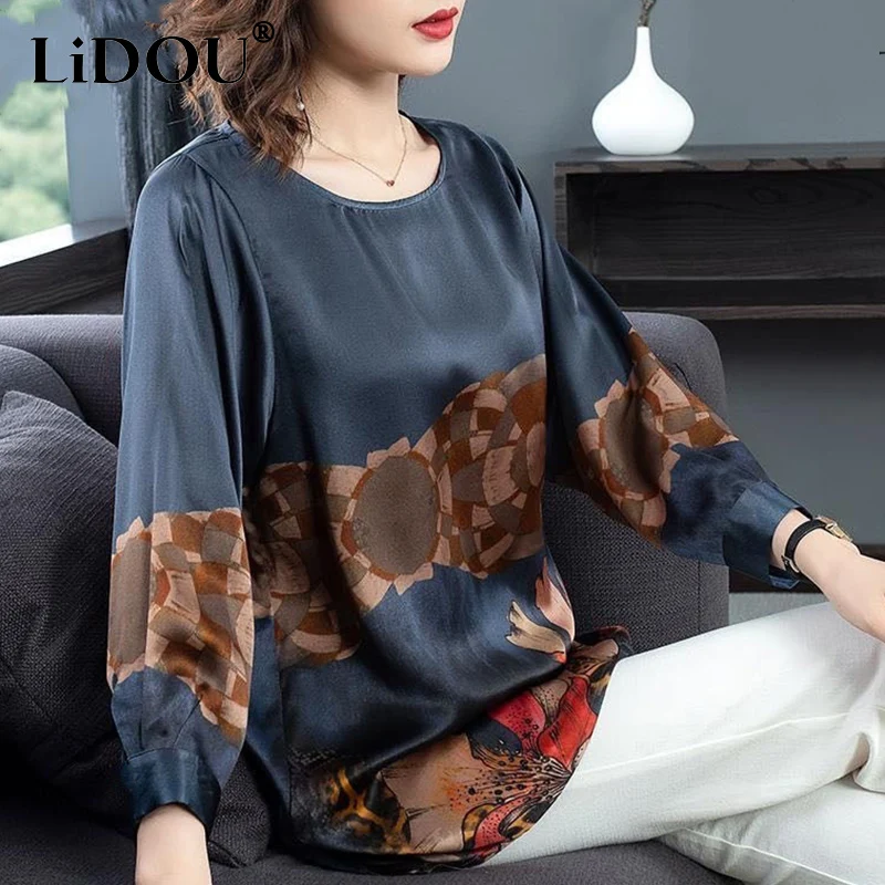 Summer Autumn Imitation Silk Fashion Print Loose Casual Shirt Ladies Oversized Long Sleeve Wild Elegant Blouse Top Women Blusa luxury ladies wide belt elastic vintage buckle leather wide fashion wild pin buckle women s belt waist seal belt cintura donna