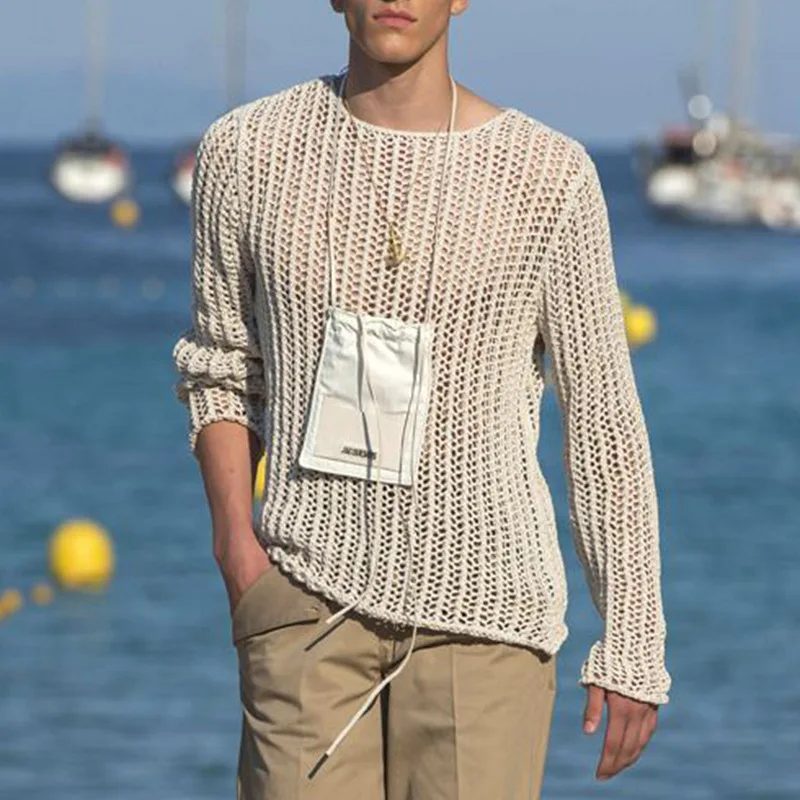 

Men's T-shirt Long Sleeve Knit Tops T-shirt Skeleton Mesh Breathable Sporty Slim Chic Sexy Clothing Casual Summer Loose Tees