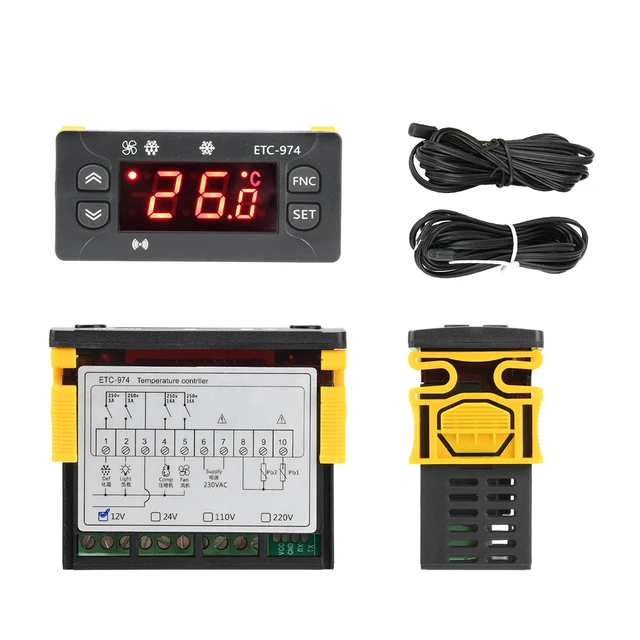 Digital Temperature Controller ETC-974 High Precision Intelligent Display with Waterproof Air Probe for Cold Storage AC Systems