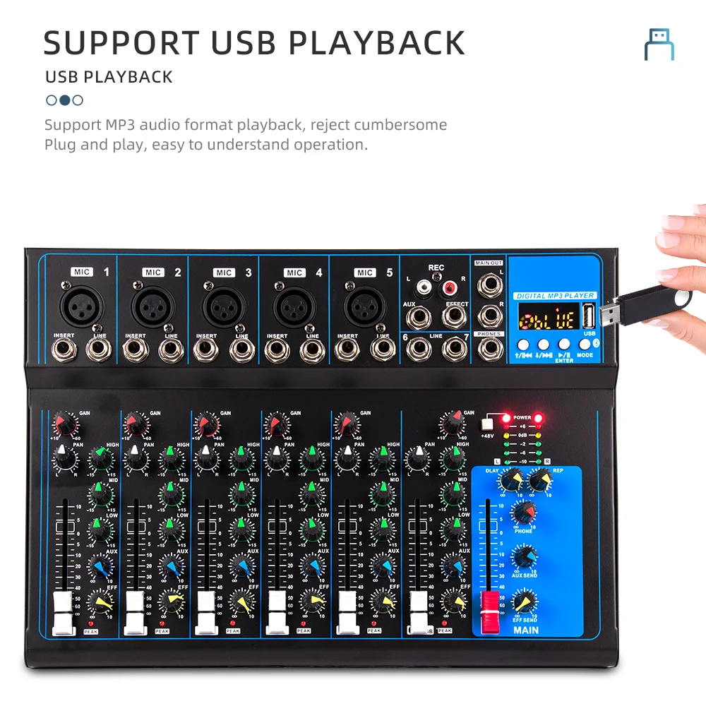 F7 프로페셔널 DJ 컨트롤러/오디오 콘솔 믹서 7채널 오디오 음악 믹서 디지털 오디오 사운드 카드 믹서 카라오케용