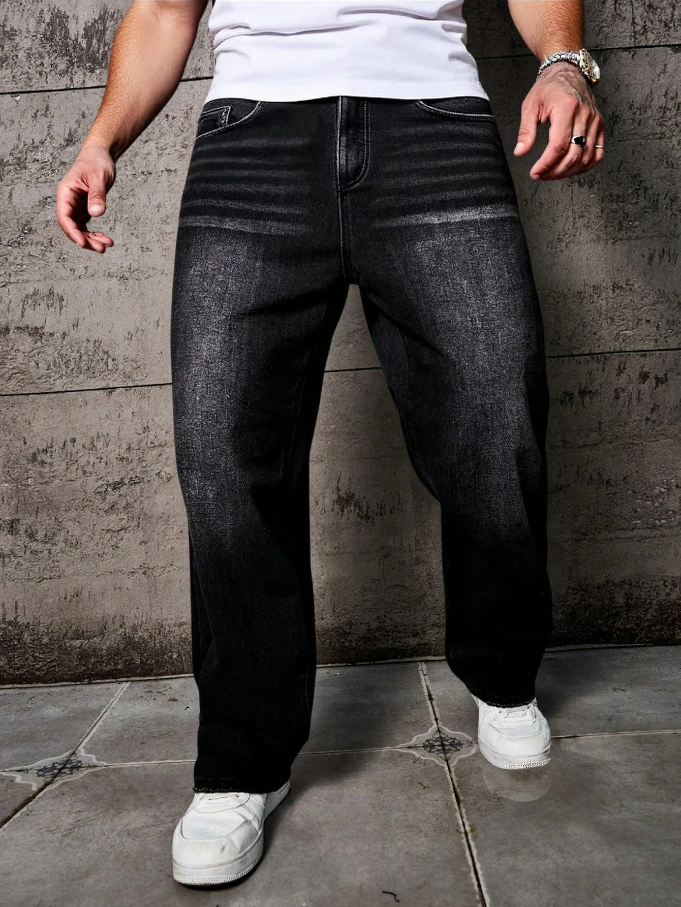 1pc Vintage Style Men's Black Washed Distressed Loose Wide Leg Relaxed Straight Jeans, Perfect Gift for Husband, Boyfriend 5