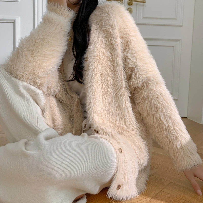 여성용 두꺼운 오버사이즈 푹신한 스웨터, 합성 밍크 캐시미어 코트, 래글런 슬리브, V넥 니트 스웨터, 가디건, 가을 겨울