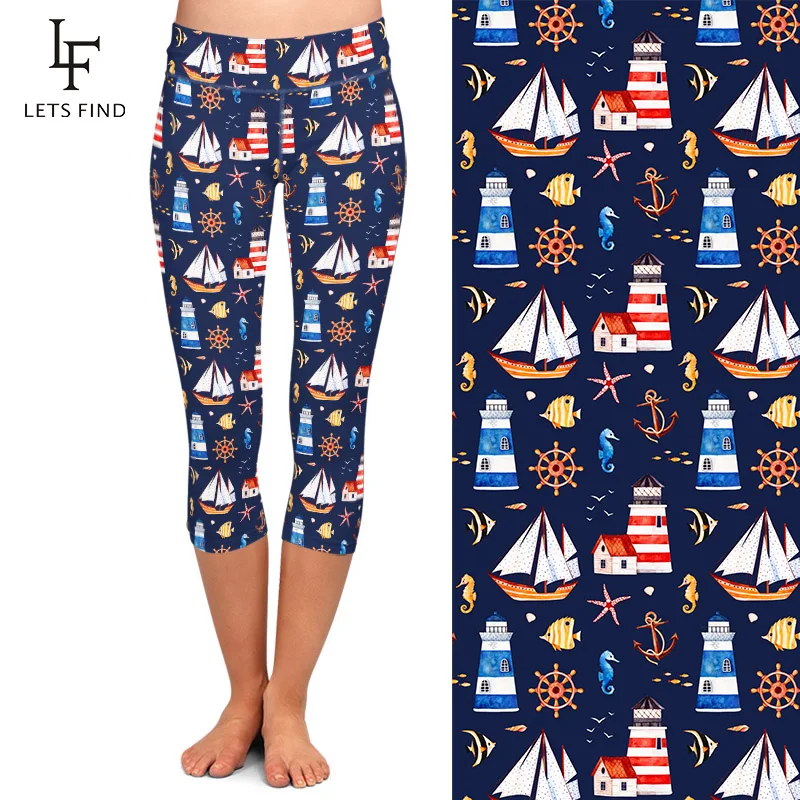 LETSFIND Fashion Capri Pants Women Seamless 3D Sailing Digital Print Leggings High Waist  Casual Leggings